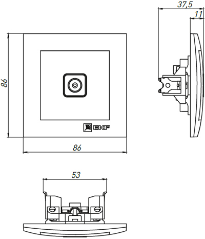розетка TV 1-местная оконечная EKF EWA00-027-10 "Валенсия" - размеры