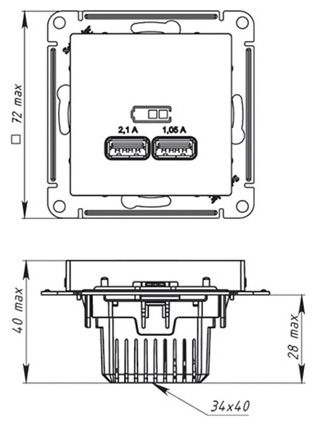 AtlasDesign карбон розетка USB A+A скрытая 2-ая 5В/2,1А, 2х5В/1,05А
