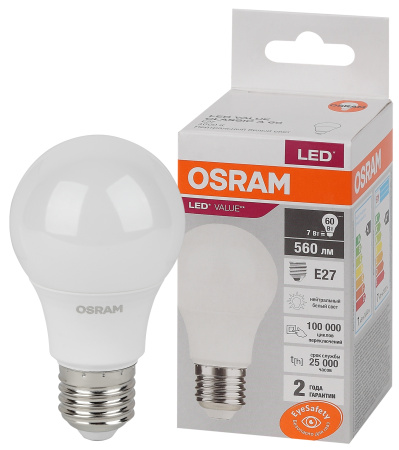 Лампа светодиодная 220В Е27 7Вт 4000К 560лм стандарт A60 матовая Osram LED Value аналог 704744