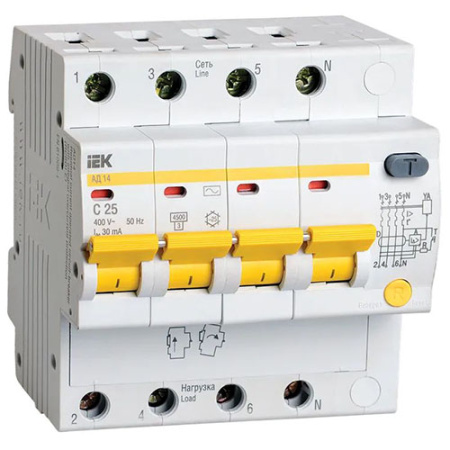 Дифавтомат 4Р 25А C тип AC 30мА 4,5кА 5мод АД14 IEK