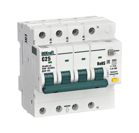 Дифавтомат 4Р 25А C тип AC 30мА 6кА 4мод ДИФ-103 DEKraft
